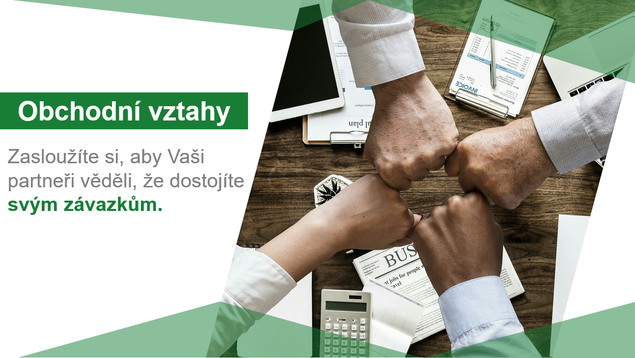 Obrázek čtyř spojených rukou. Byznys se dělá nejlépe s lidmi, které znáte. Jenže bez navazování nových obchodních vztahů to také nejde… Zdravá míra nedůvěry je logická a žádoucí proto, aby se obě strany v dodavatelsko-odběratelských vztazích vyhnuly zbytečnému riziku. Výpisem ze služby NejsemDlužník.cz můžete prokázat, že Vy své závazky plníte. Dejte najevo, že jste spolehlivý obchodní partner, který plní své závazky včas.